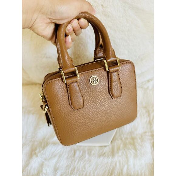 NWT Tory burch Mini Landon Boxy Satchel Crossbody Handbag Brown Leather Bark - Picture 7 of 10
